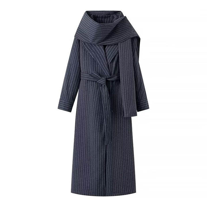 Women Tailored Pinstripe Coat with Ties and Wide Maxi Skirt Mune Fashion