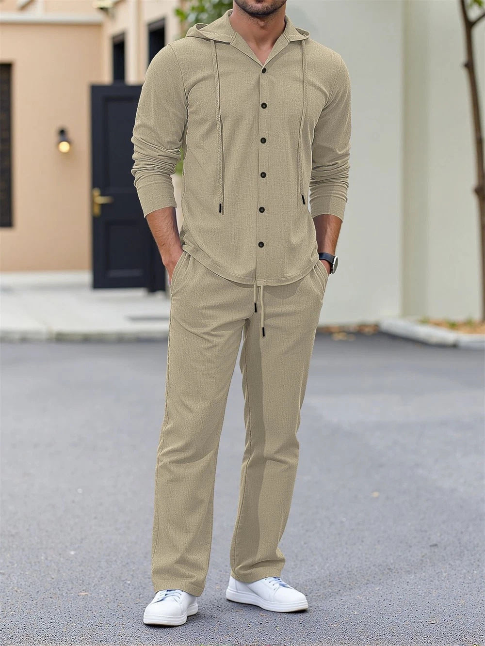 Men's casual two-piece lounge set with hoodie shirt, full button placket, and drawstring pants Mune Fashion