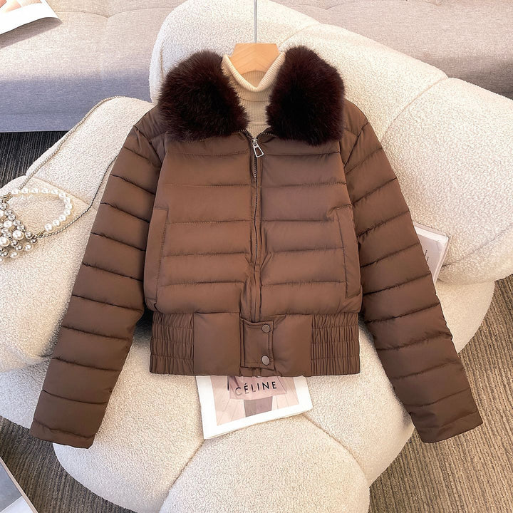 Women's short quilted bomber jacket with removable fur collar and fitted ribbed waistband Mune Fashion