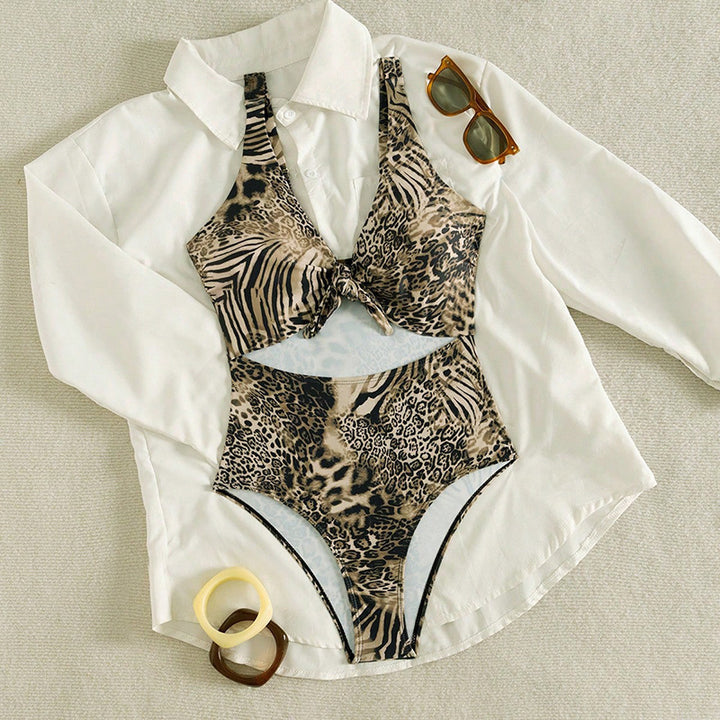 Women’s One-Piece Swimsuit with Deep V-Neck and Animal Print Mune Fashion