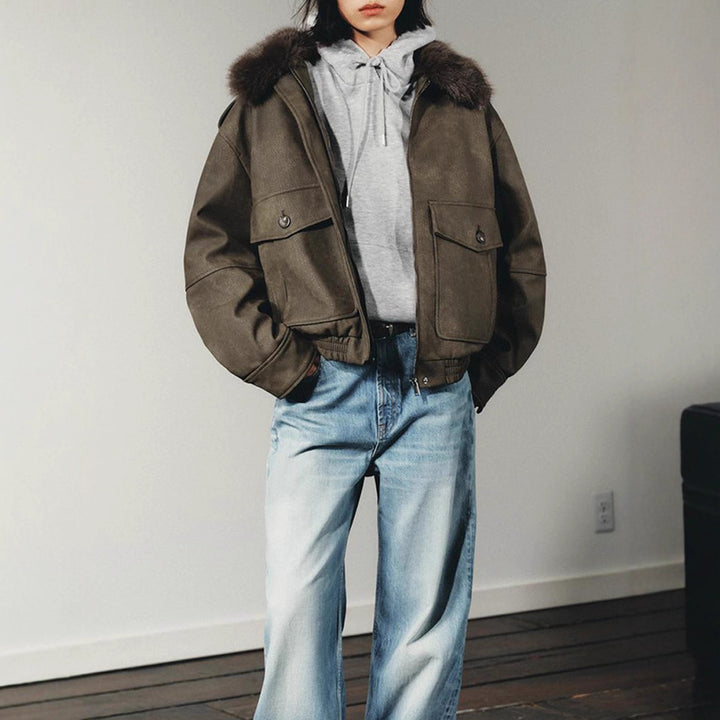 Women's short jacket in aviator style with faux fur hood and patch pockets Mune Fashion