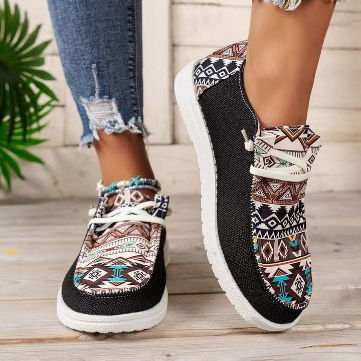 Ladies Aztec Slip-On Sneakers with Knit Upper and Moccasin Stitch Mune Fashion