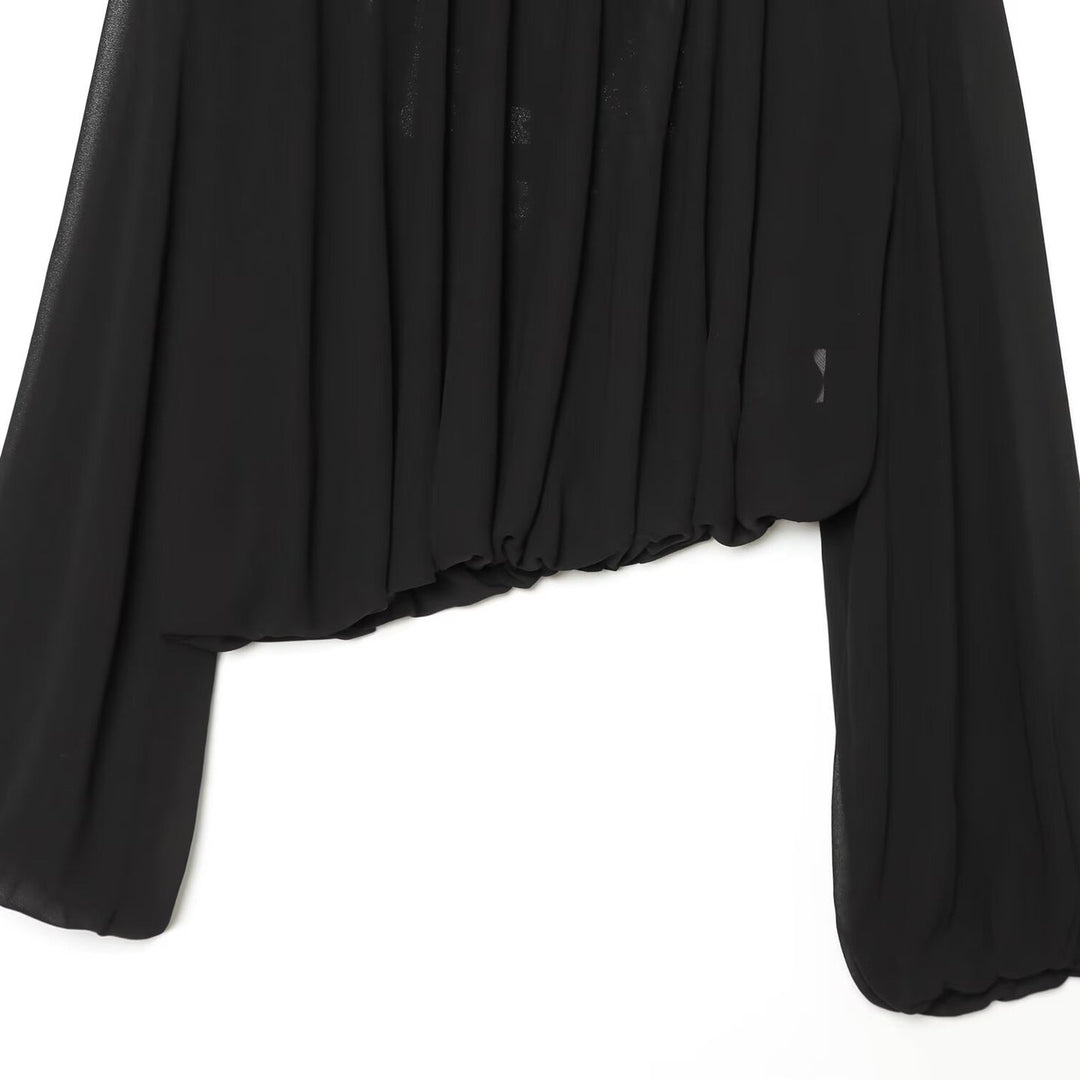 Ladies Pleated Blouse with Stand Collar and Balloon Sleeves Mune Fashion