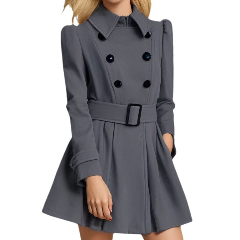 Women's Tailored Double-Breasted A-Line Coat with Tie Belt and Flared Skirt Mune Fashion