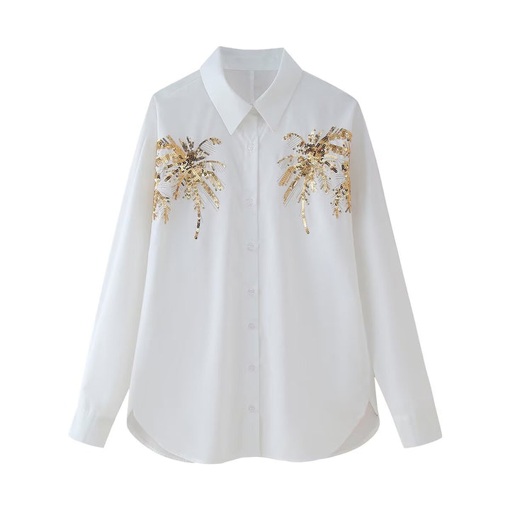 Women's loose-fitting shirt blouse with palm sequins, shirt collar and pearl detail Mune Fashion