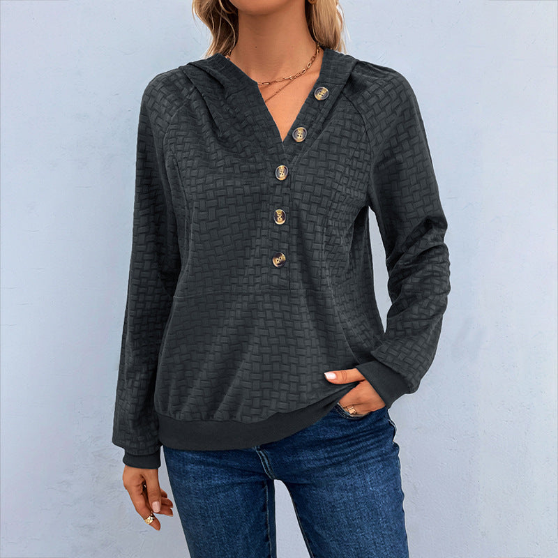 Women's Textured Hooded Henley Sweater with Button Placket and Kangaroo Pocket Mune Fashion