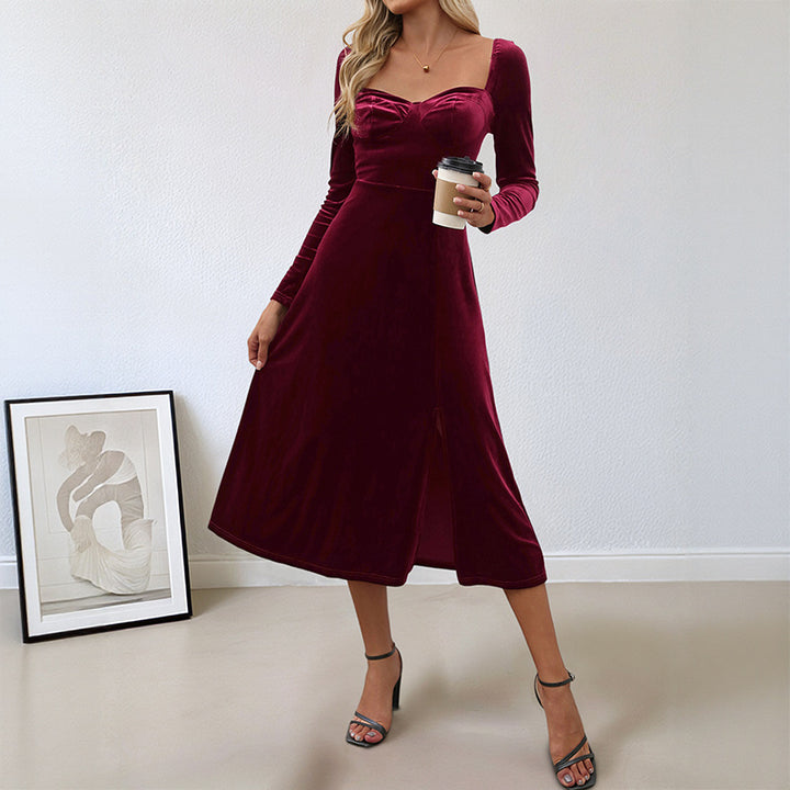 Ladies Elegant Velvet Midi Dress with Shoulder Pads and Slit Mune Fashion