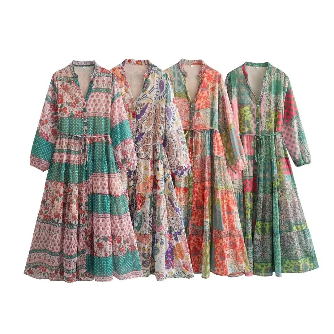 Women’s maxi dress with paisley print, V-neck, waist band and tiered skirt Mune Fashion