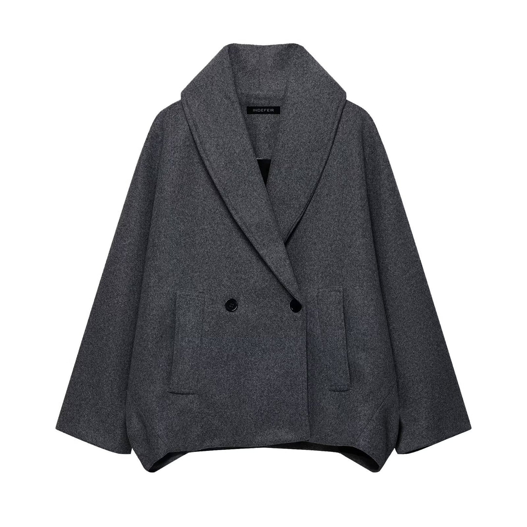 Women Boxy Wool Blend Cape Coat with Wide Shawl Collar and Double Button Placket Mune Fashion