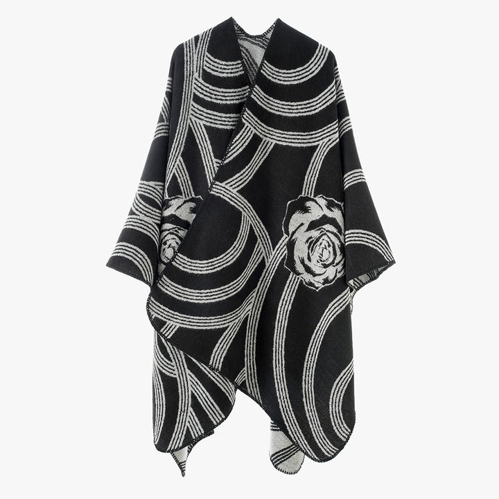 Women's Jacquard Cape Poncho with Rose Motif and Open Front Mune Fashion