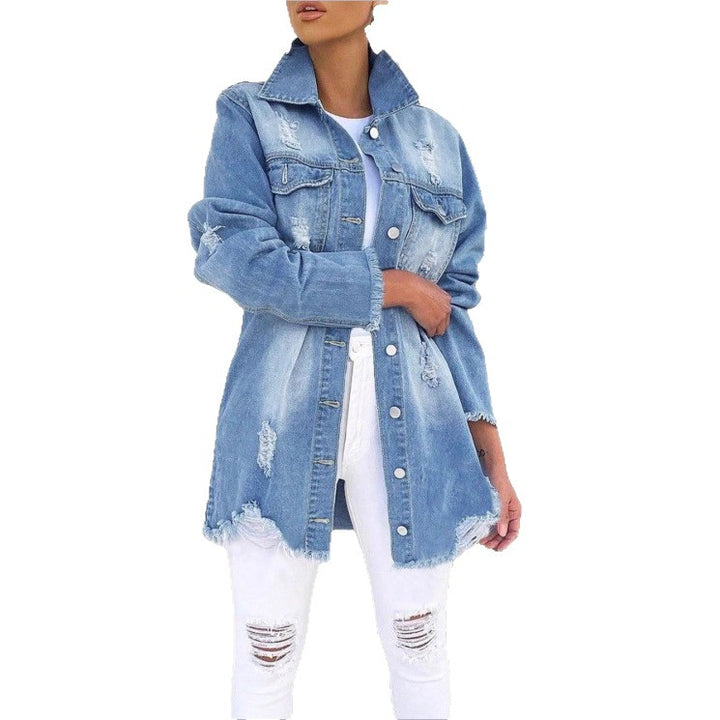 Women's Oversized Denim Jacket with Destroyed Details, Longer Cut and Frayed Hem Mune Fashion