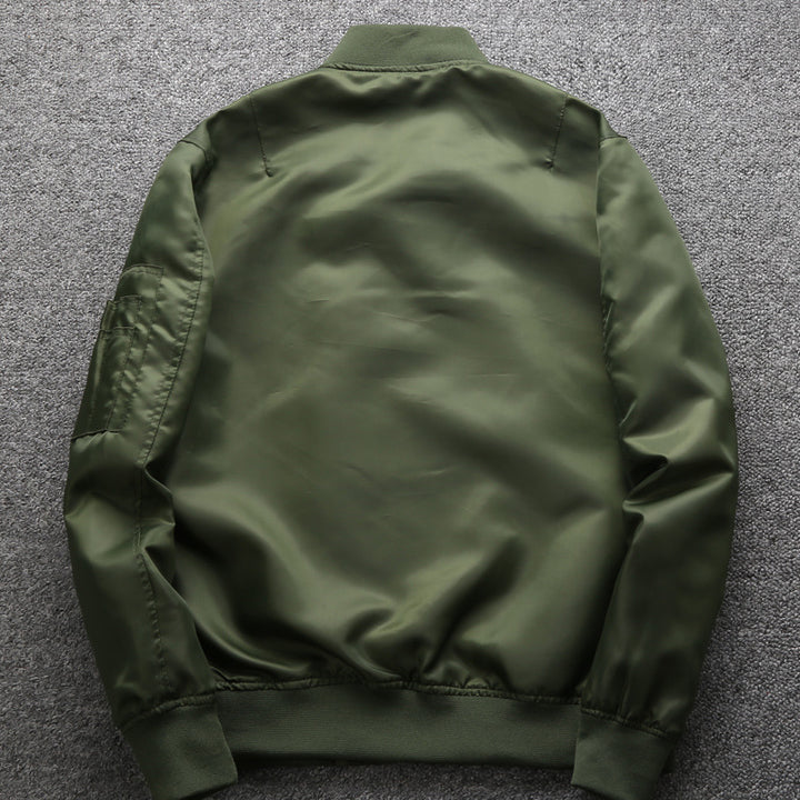 Men's lightweight nylon pilot-style bomber with arm pocket, ribbed hem, and zipper Mune Fashion