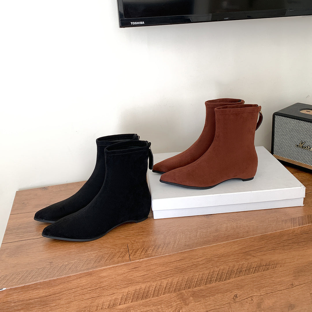 Women Narrow pointed suede ankle boots with hidden wedge heel and heel strap Mune Fashion
