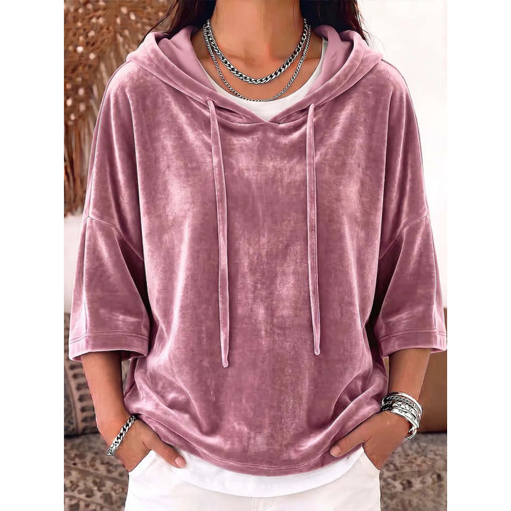 Women Oversize Velvet Half-Sleeve Hoodie with Drawstring and Pockets Mune Fashion