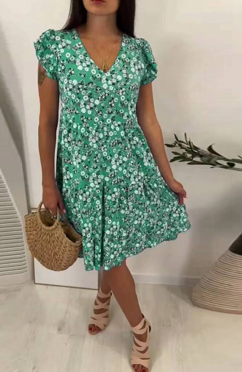 Ladies' V-neck tiered dress with puff sleeves and fitted underbust seam Mune Fashion