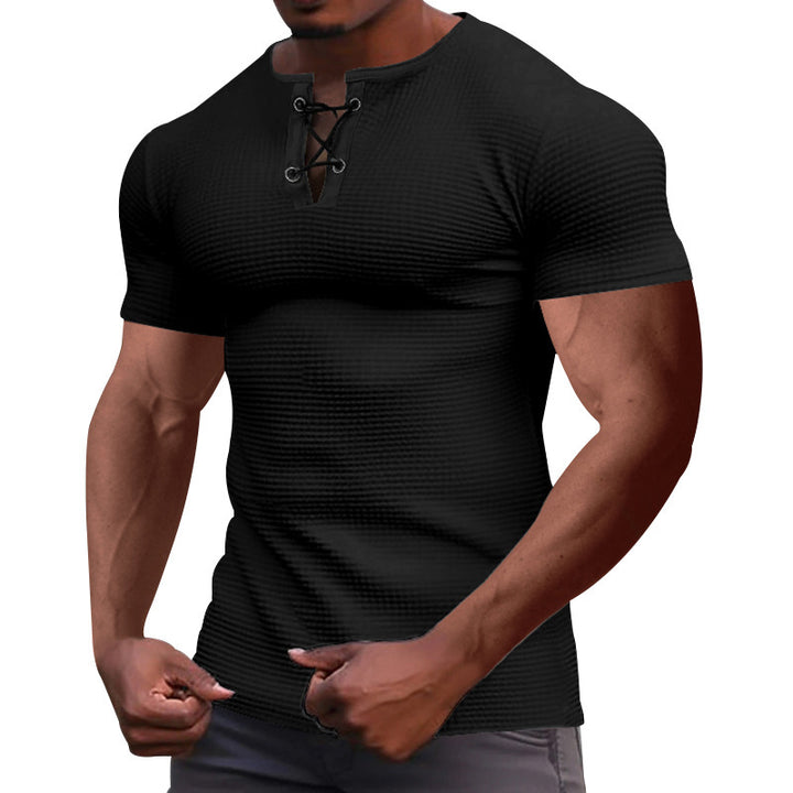 Men's short-sleeve shirt with lace collar, metal eyelets, and fine structured jersey Mune Fashion