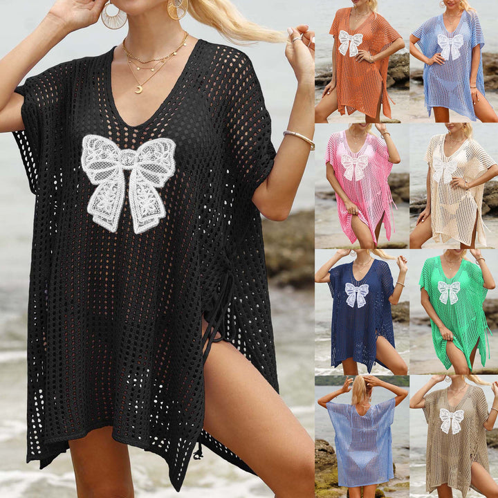 Ladies airy crochet beach cover-up with decorative bows