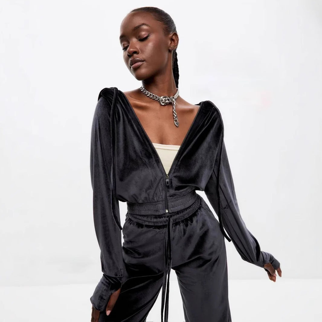 Ladies velvety cropped hoodie sweat set with high-waisted joggers Mune Fashion