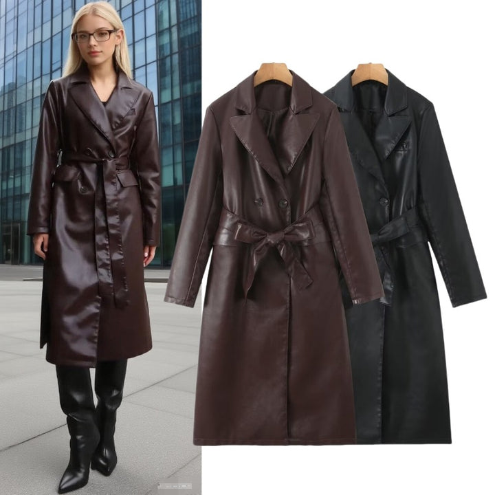 Women's longer tailored coat in leather look with tie belt and lapel collar Mune Fashion