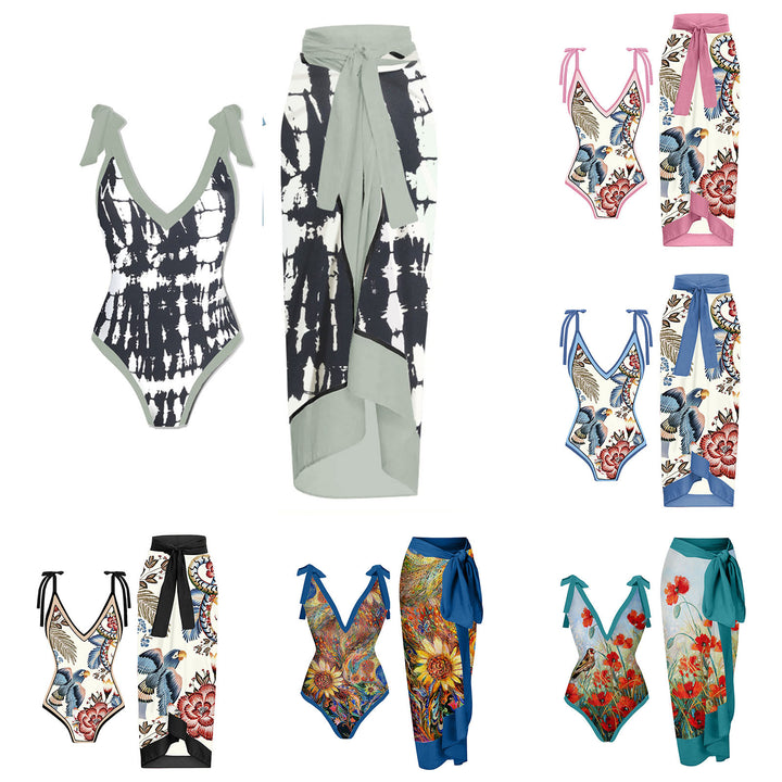 Women's One-Piece Swimsuit with Romantic Gatherings and Combined Wrap Skirt Mune Fashion