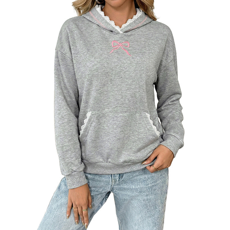 Women's Casual Hoodie with Lace Inserts and Kangaroo Pocket Mune Fashion