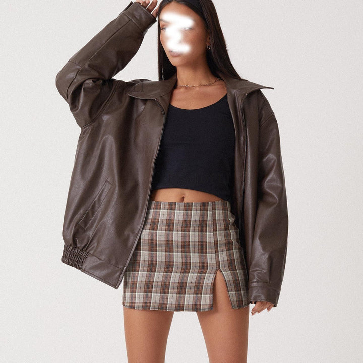 Women Oversize Faux Leather Blouson with Zipper and Elastic Hem Mune Fashion