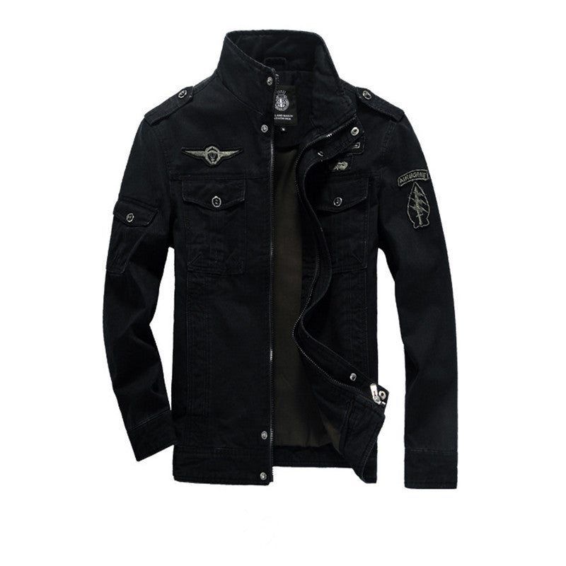 Men's canvas field jacket in military utility style with stand-up collar, epaulettes, and multifunctional pockets Mune Fashion