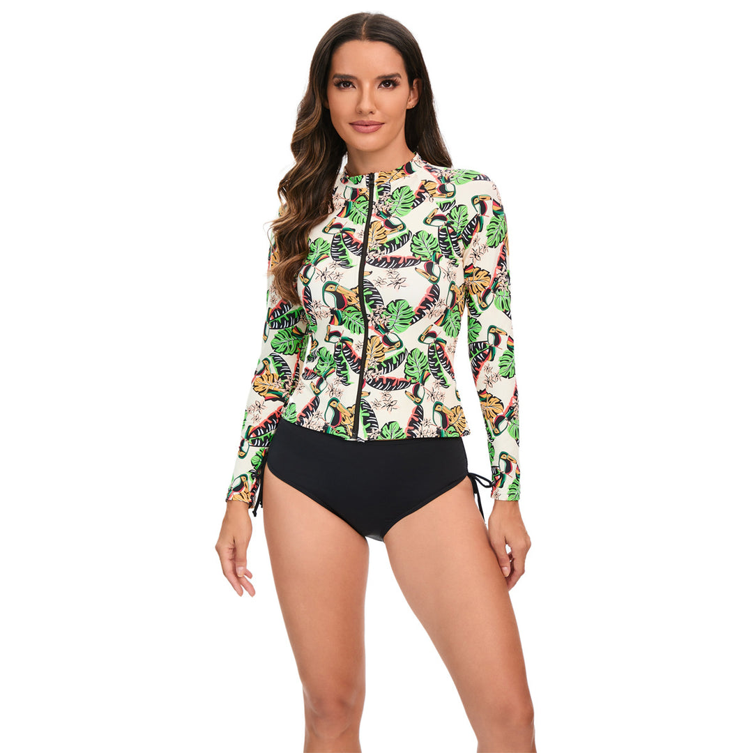 Women's Athletic Long Sleeve Rash Guard with Colorful Animal and Leaf Pattern Mune Fashion