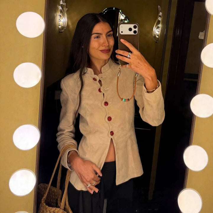 Women's Tailored Suede Blazer with Stand Collar and Decorative Buttons Mune Fashion