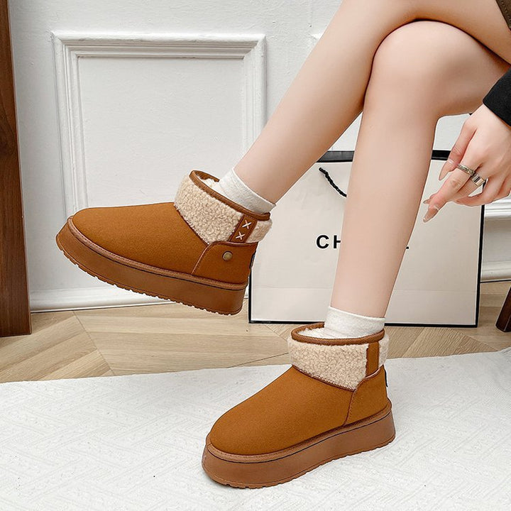Women Insulated Platform Ankle Boot with Teddy Collar and Slip-On Shaft Mune Fashion