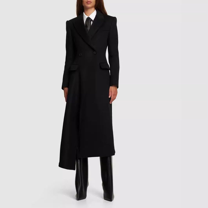 Women Maxilength Asymmetrical Double-breasted Blazer-Coat with Emphasized Shoulder Mune Fashion
