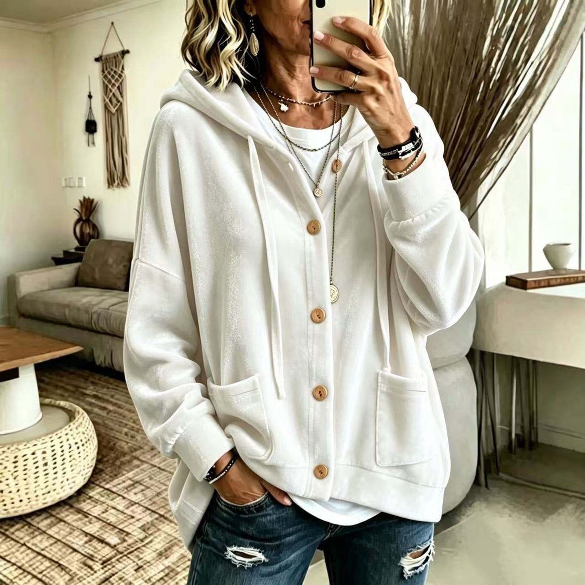 Women's Oversized Hooded Velvet Jacket with Button Placket and Patch Pockets Mune Fashion
