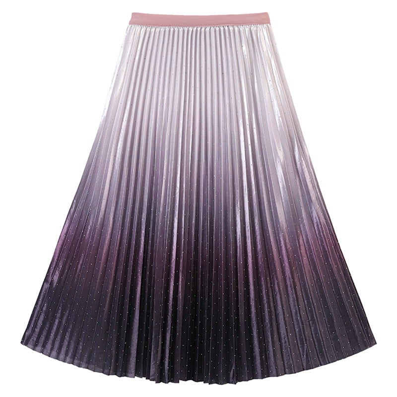 Women's pleated maxi skirt with ombré effect, fine metallic pointillism and elastic comfort waistband Mune Fashion