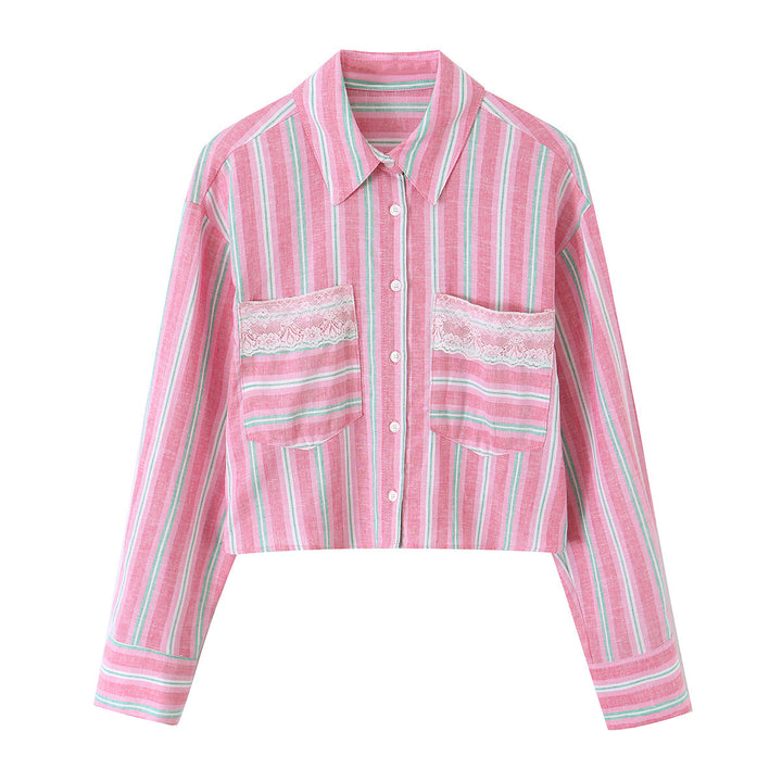 Ladies Cropped Striped Blouse with Lace Trim and Oversized Sleeves Mune Fashion