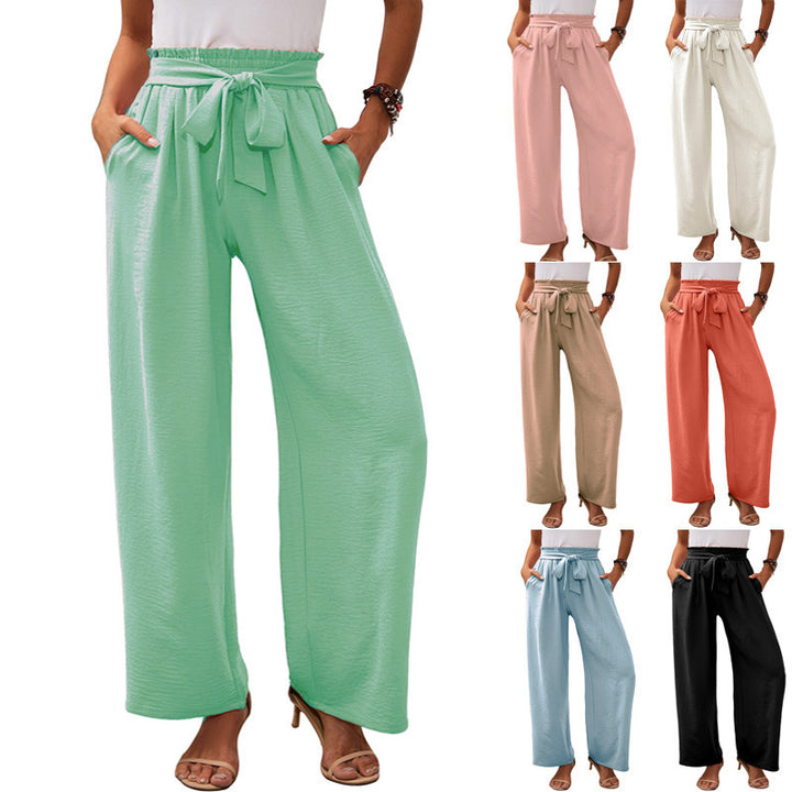 Women's paperbag pants with wide leg, elastic waist and tie belt Mune Fashion