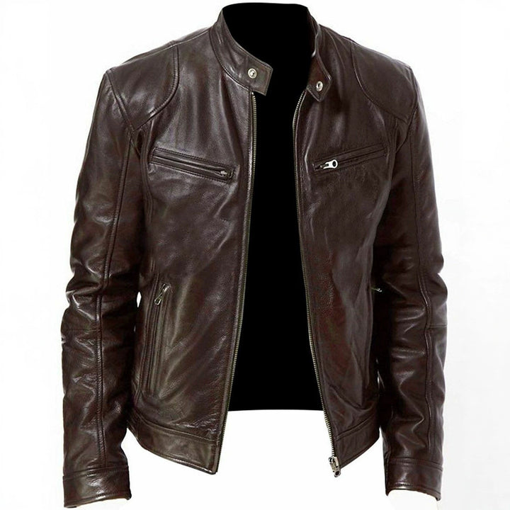 Men's nan vintage-inspired leather jacket in biker style with stand-up collar and visible zippers Mune Fashion