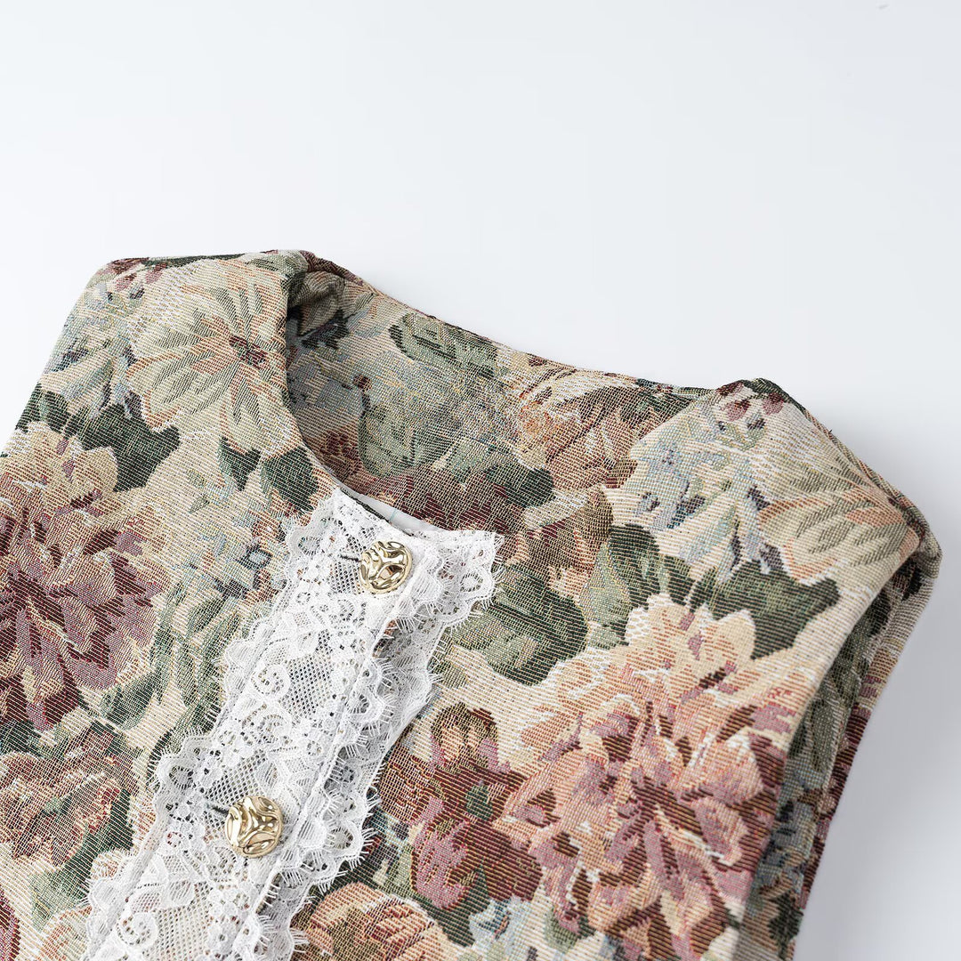 Women's elegant brocade waistcoat with floral jacquard texture, decorative buttons, and lace trim Mune Fashion