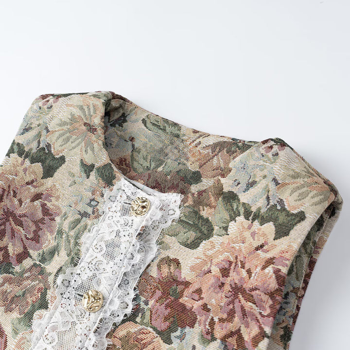Women's elegant brocade waistcoat with floral jacquard texture, decorative buttons, and lace trim Mune Fashion