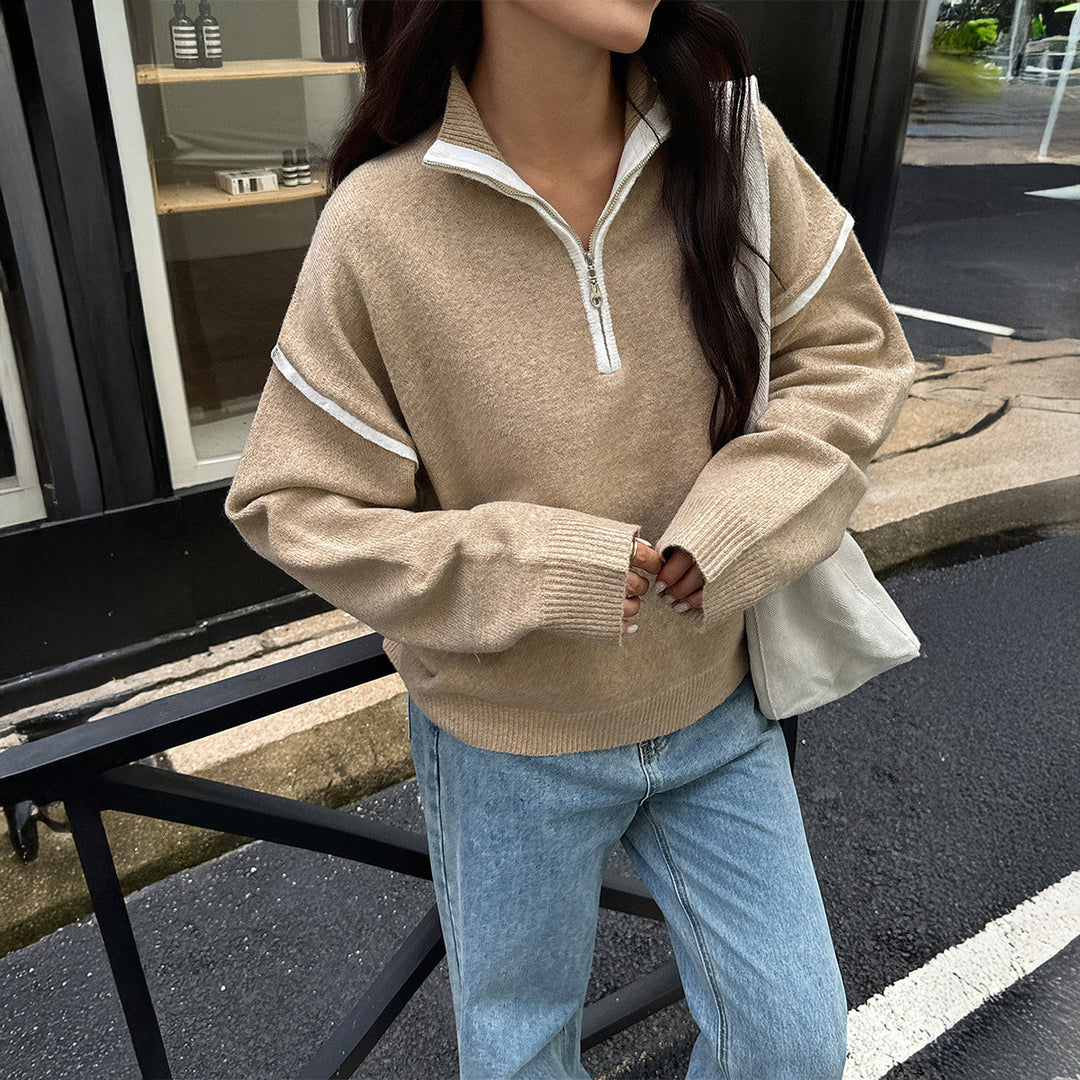 Women's oversized knitted pullover with half zip, contrast piping and drop shoulder Mune Fashion