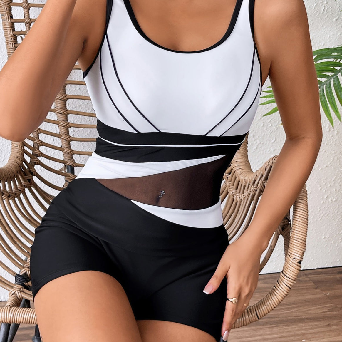 Women's High Neck Sport Swimsuit with Fashionable Mesh Design Mune Fashion