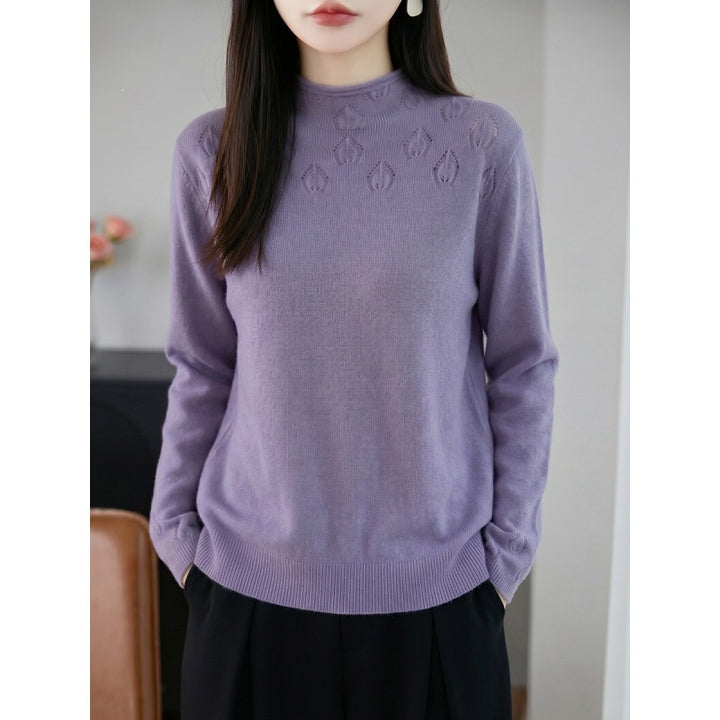 Women's Lightweight Stand Collar Sweater with Floral Lace Yoke and Fine Rib Edge Mune Fashion