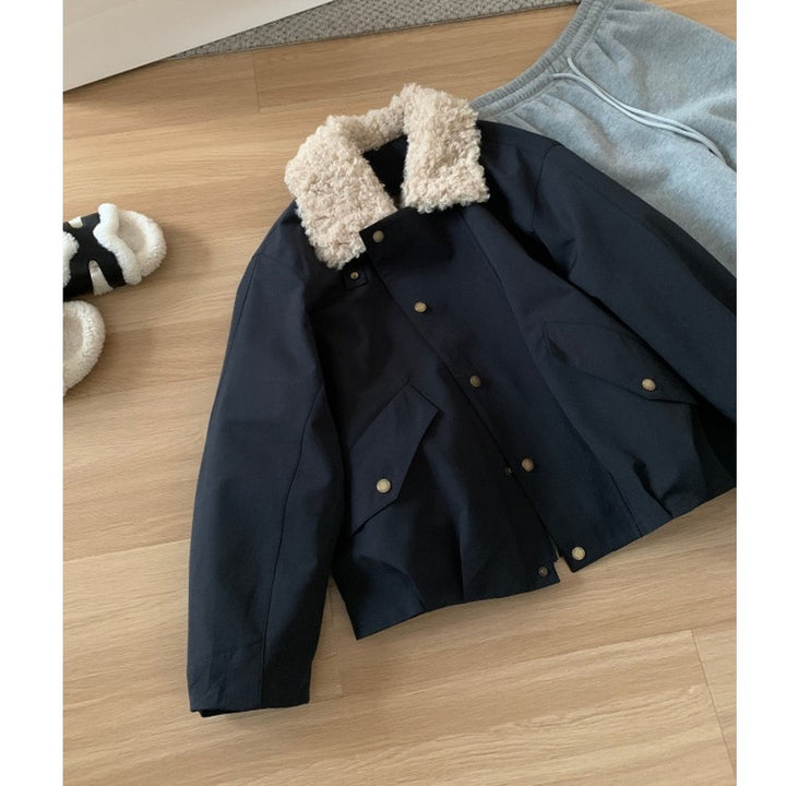 Women Short Oversized Bomber Jacket with Teddy Collar and Snap Button Details Mune Fashion
