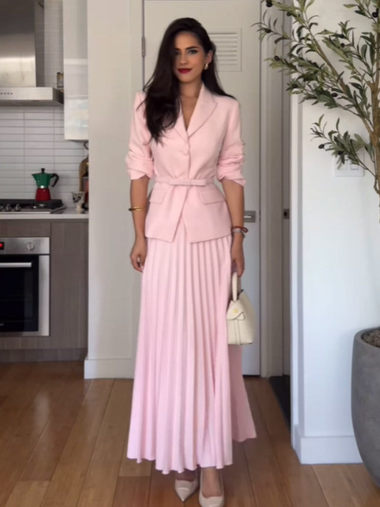 Women's Tailored Blazer and Midi Skirt Set with Pleated Skirt & Tied Belt Mune Fashion
