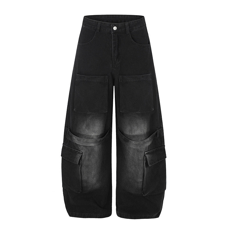 Women's High-Cut Wide Cargo Palazzo Jeans with Large Patch Pockets and Vintage Wash Mune Fashion