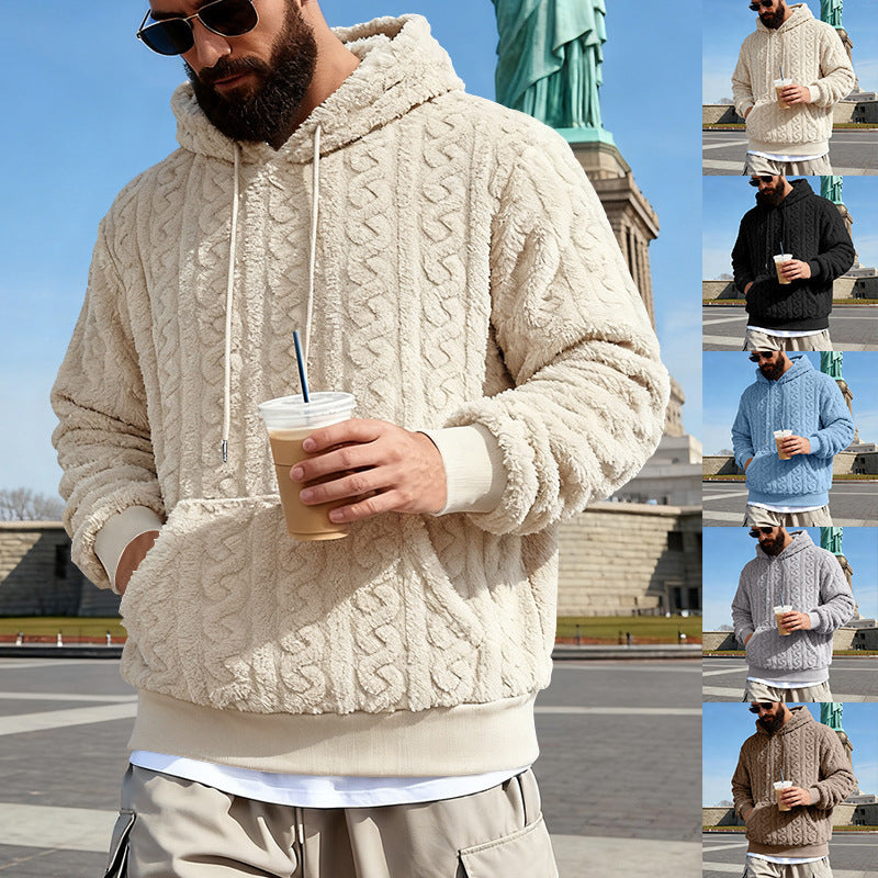 Men's Cozy Sherpa Hoodie with Cable Knit Pattern, Kangaroo Pocket and Ribbed Cuffs Mune Fashion