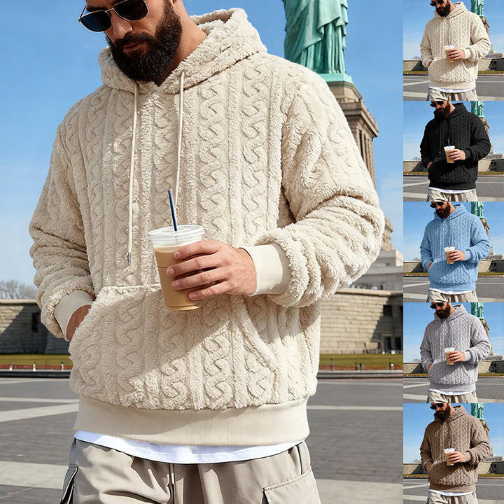 Men's Cozy Sherpa Hoodie with Cable Knit Pattern, Kangaroo Pocket and Ribbed Cuffs Mune Fashion
