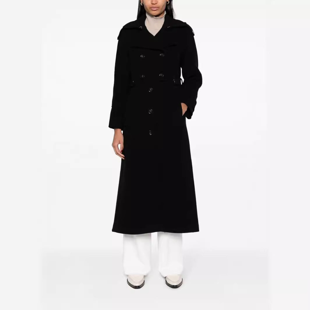 Women Floor-Length Double-Breasted Trench Coat made of Wool Blend with Shoulder Patches and Concealed Waist Belt Mune Fashion