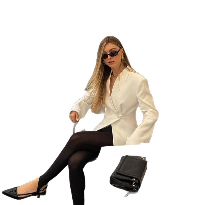 Women Asymmetric Tailored Blazer Coat with One-Button Closure Mune Fashion