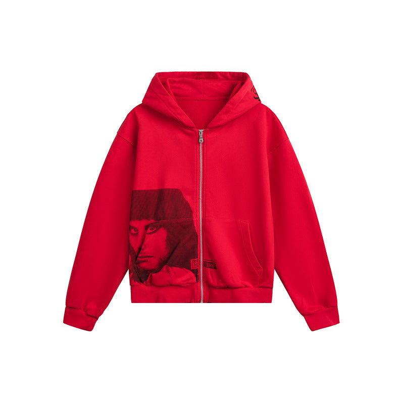 Unisex hooded zip jacket in boxy cut with large portrait print Mune Fashion