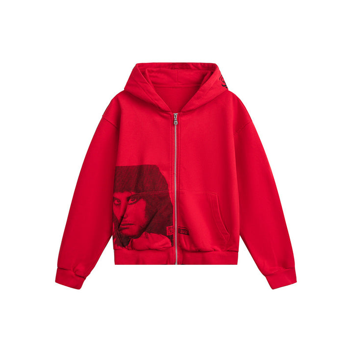 Unisex hooded zip jacket in boxy cut with large portrait print Mune Fashion